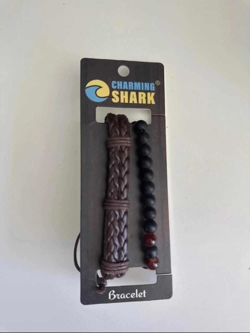 Brand New Charming Shark Brown Braided & Black Bead Bracelet Set